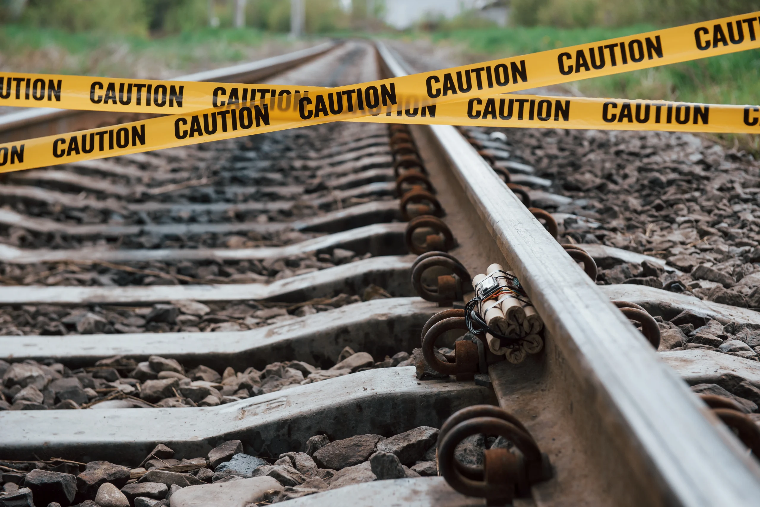be aware dangerous explosive lying railway yellow caution tape front