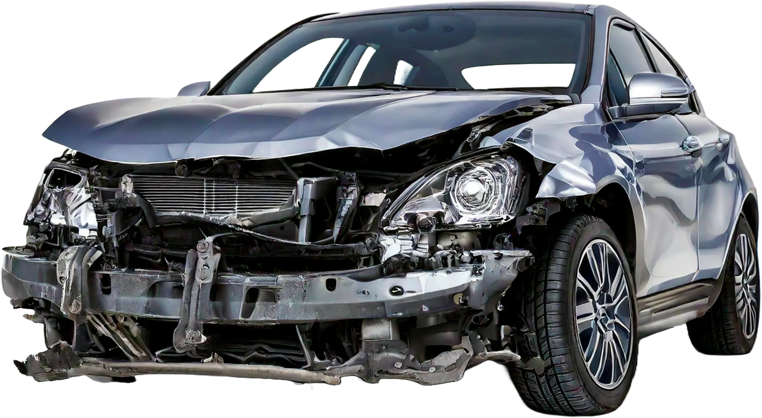 Front view of a severely damaged car with significant front-end collision damage.