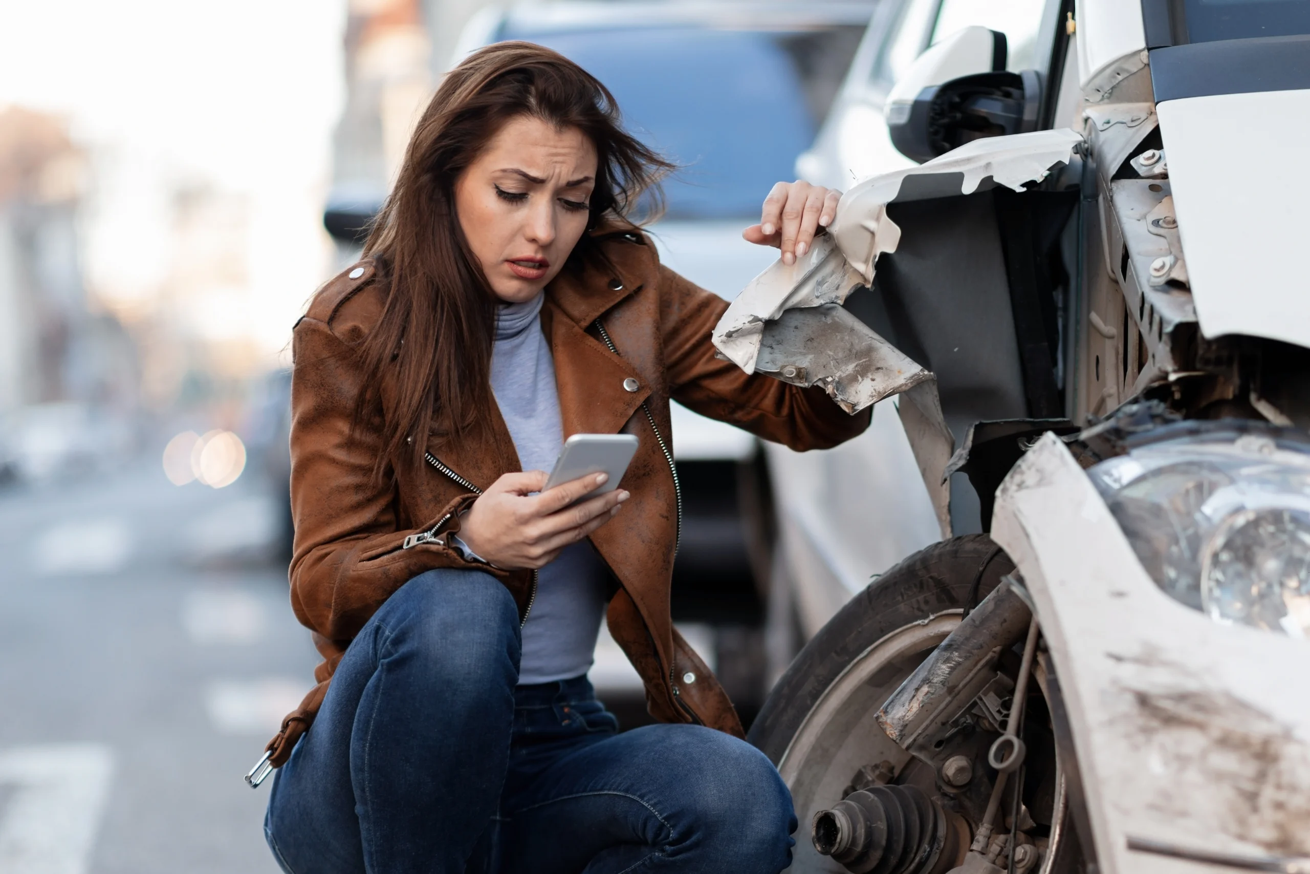 Worried woman text messaging while inspecting damage to her car after an accident on the street.